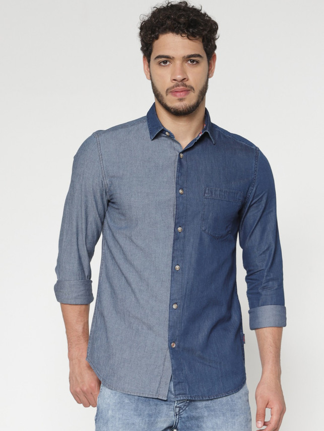 JONES Men Solid Casual Blue Shirt 