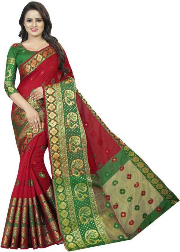 Buy Market Magic World Printed Banarasi Cotton Silk Red, Green Sarees  Online @ Best Price In India | Flipkart.com