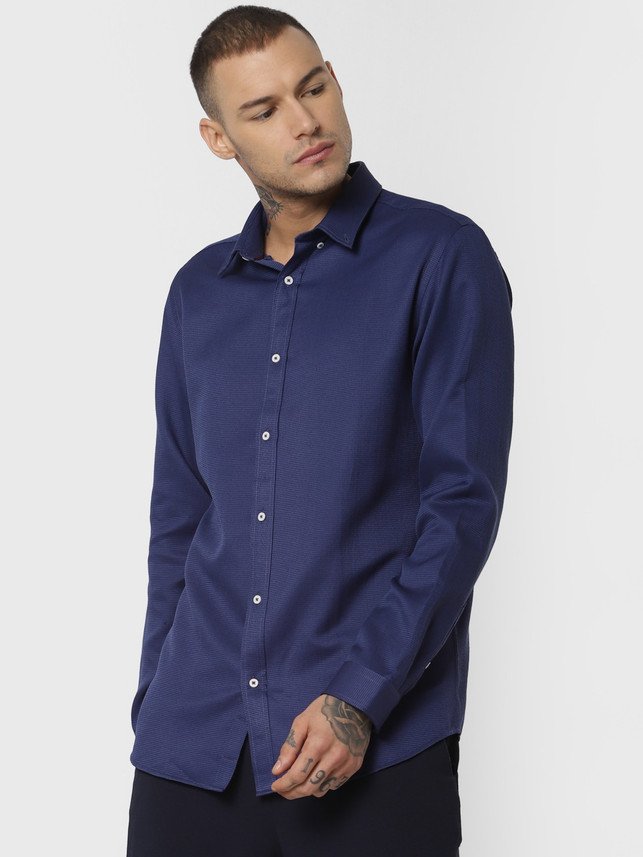 JONES Men Solid Casual Blue Shirt 