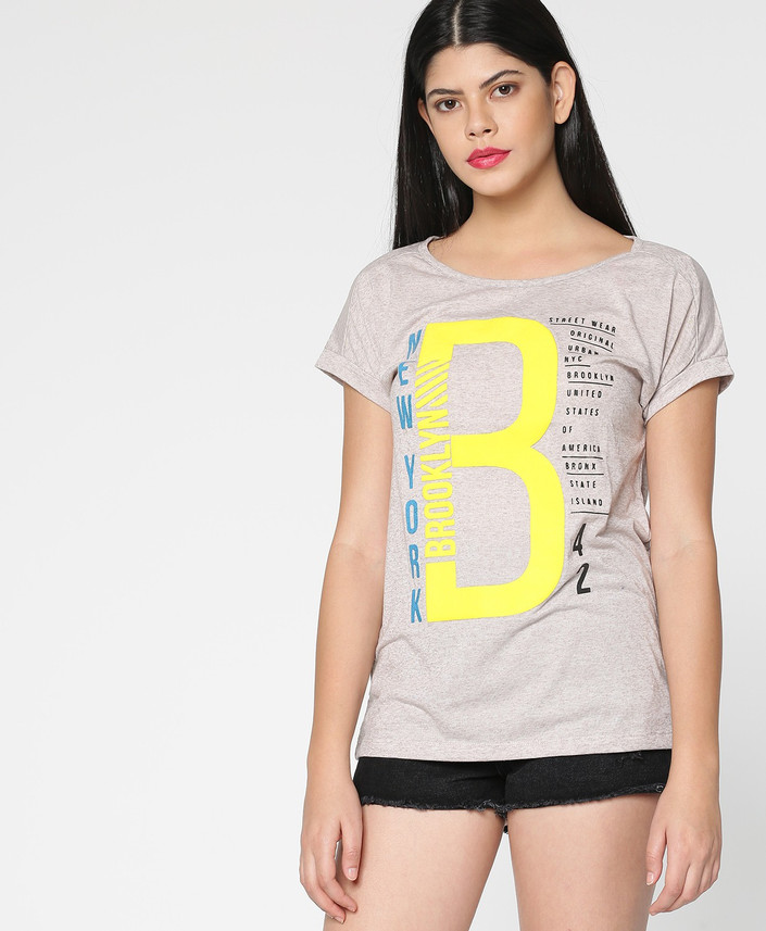 Printed Women Round Neck Beige T-Shirt 
