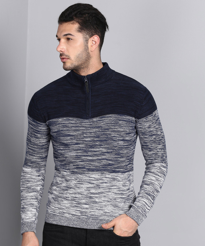 Neck Casual Men Dark Blue, Grey Sweater 
