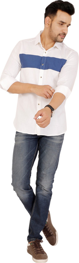 Men Color Block Casual White Shirt 