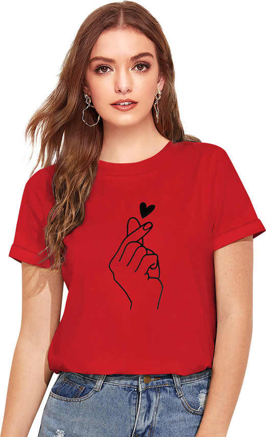 Printed Women Round Neck Red T-Shirt 