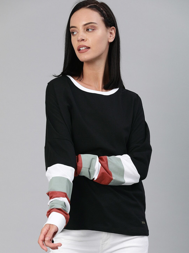 Roadster Solid Women Round Neck Black T 