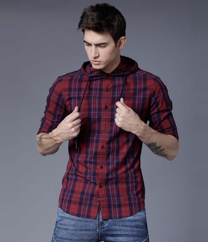 mens checked shirt with hood