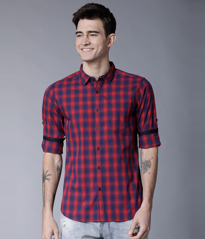 navy blue and red check shirt