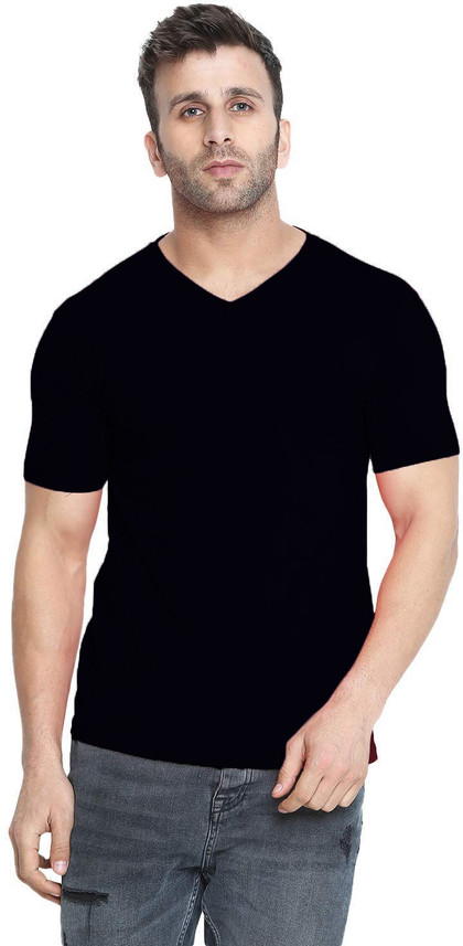 Apparel Solid Men V Neck Black T-Shirt 