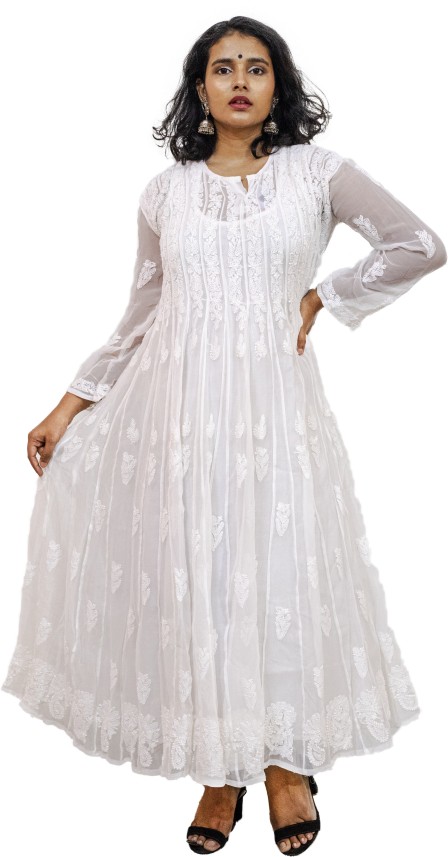 chikankari white anarkali kurta