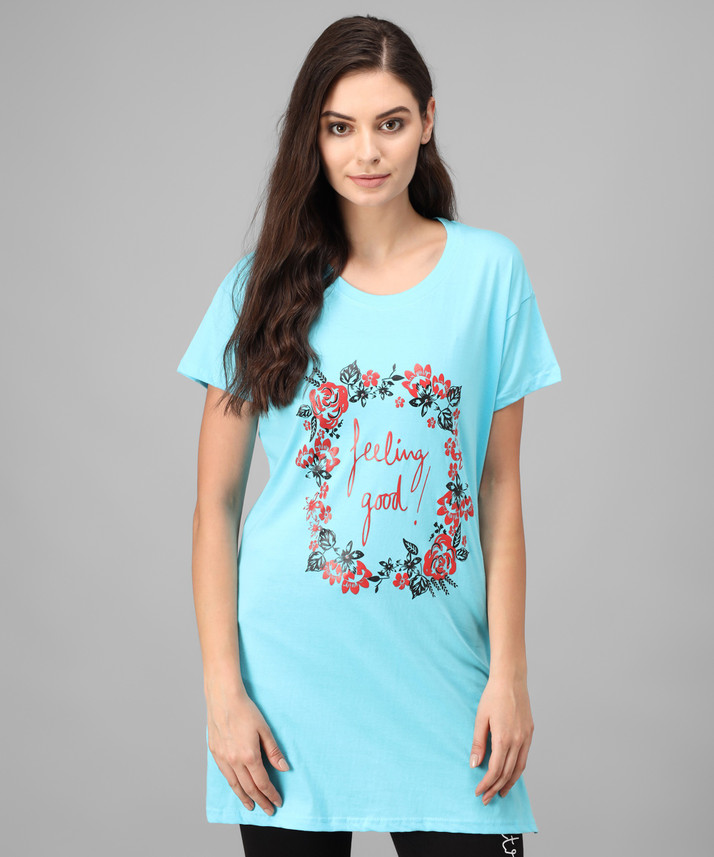 Unique Printed Women Round Neck Blue T 