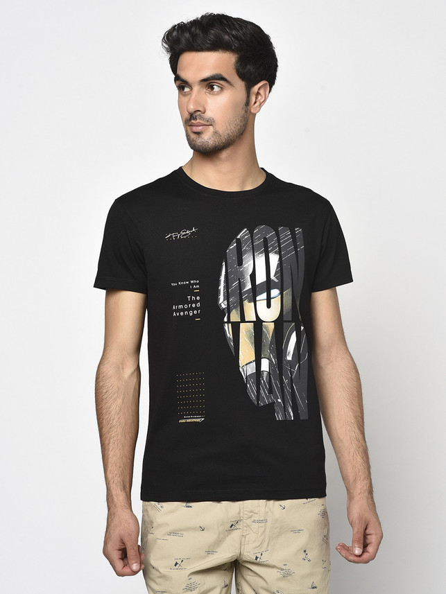 Octave Printed Men Round Neck Black T 
