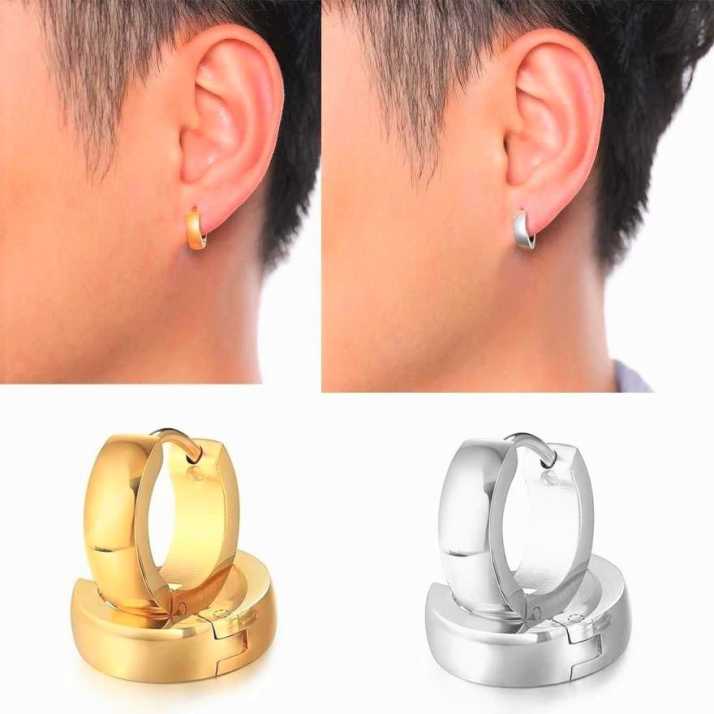 Stainless Steel Men's Fashion Round Bead Cuff Clips Hoop Earrings Trendy Jewelry