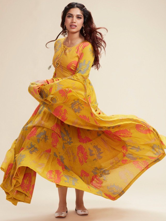 raisin women mustard printed maxi dress