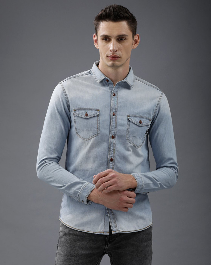VOI JEANS Men Solid Casual Blue Shirt 