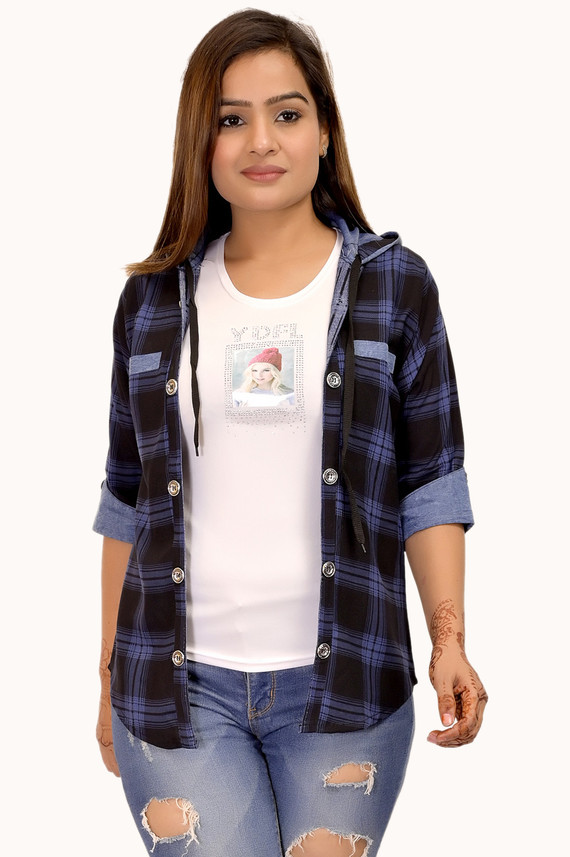 J4G Women Checkered Casual Dark Blue 