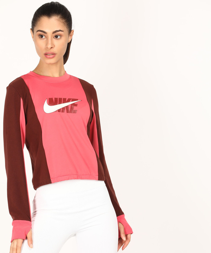 NIKE Printed Women Round Neck Maroon 