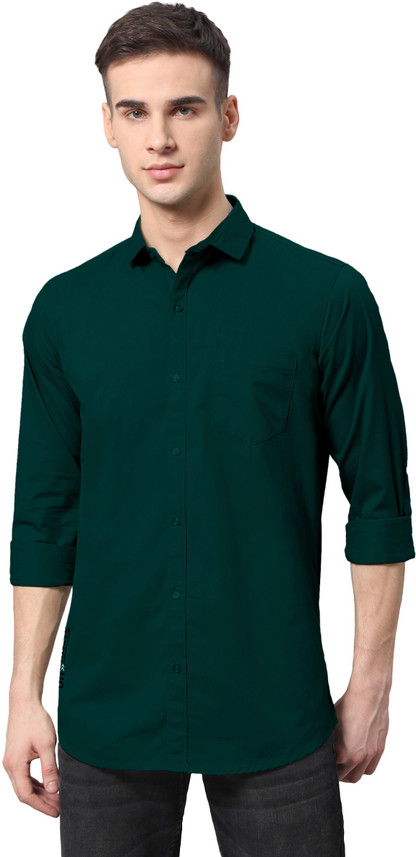 REWAA Men Solid Formal Green Shirt 