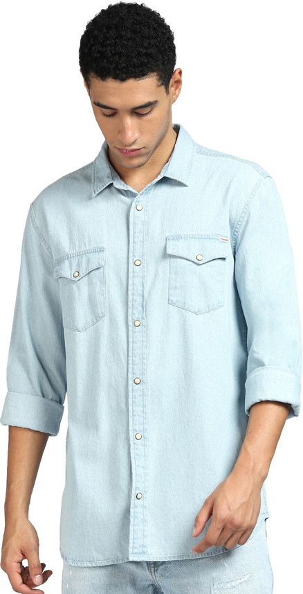 JONES Men Solid Casual Light Blue Shirt 