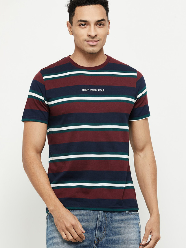 MAX Striped Men Round Neck Maroon T 