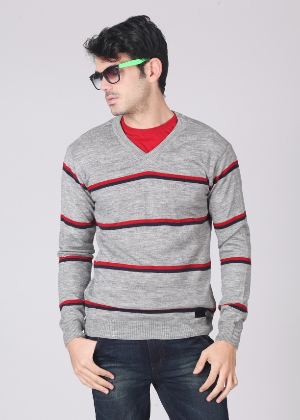 red and grey striped sweater