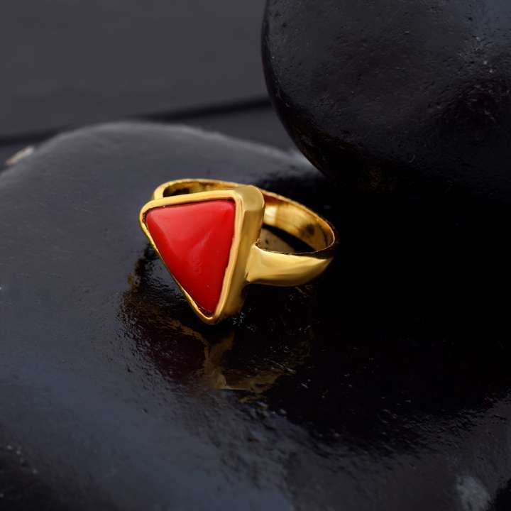 MissMister Gold Plated Triangle Tikona Shaped Red Coral Moonga Finger Ring Men Women Brass Coral Gold Plated Ring Price in India Buy MissMister Gold Plated Triangle Tikona Shaped Red Coral Moonga
