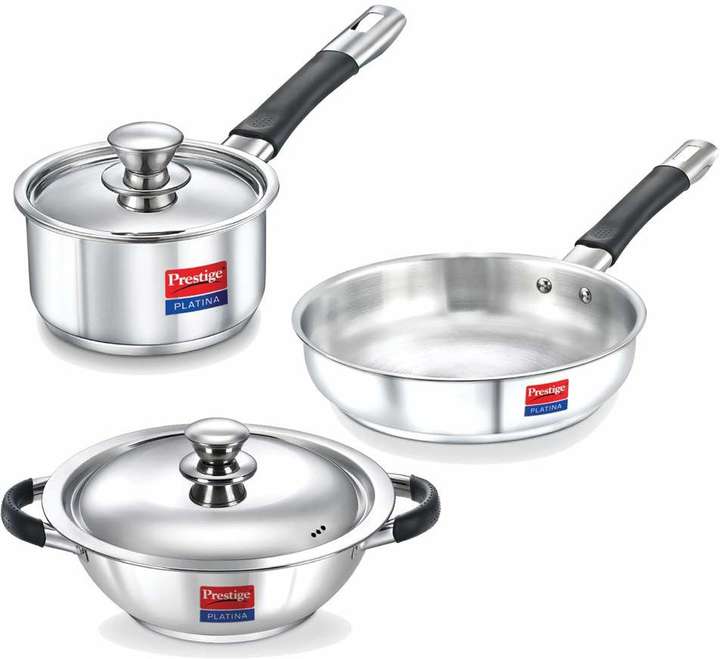 Prestige Platina 3 Piece Stainless Steel BYK Set Induction Bottom Cookware Set Price in India Buy Prestige Platina 3 Piece Stainless Steel BYK Set Induction Bottom Cookware Set online at Flipkart