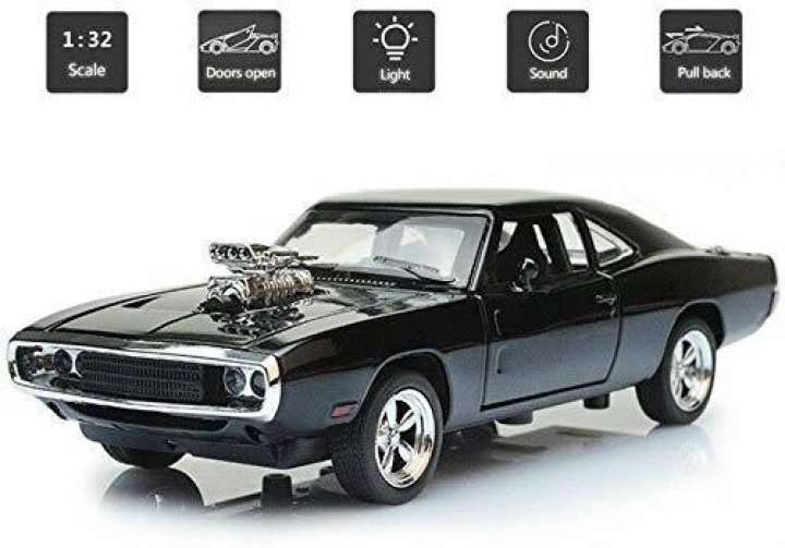 Effe Shoppe Dodge Charger RT Fast N Furious Miniature Car Model Classic die cast Metal Car with pull back action opening doors and front back covers Lights and Music Dodge Charger