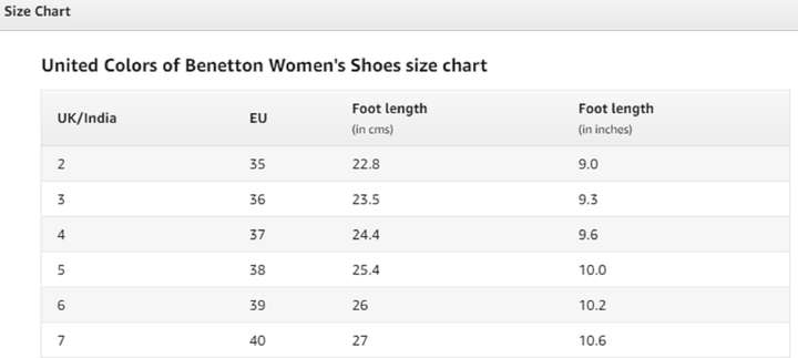 United colors of benetton shoes size chart top