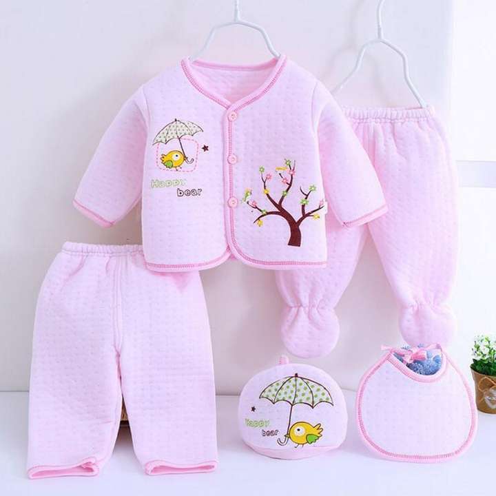 MulberryCart Presents New Born Baby Winter Wear Keep warm Cartoon Printing Baby Clothes 5Pcs Sets Cotton Baby Boys Girls Unisex Baby Fleece Falalen Suit Infant Clothes First Gift For New Baby