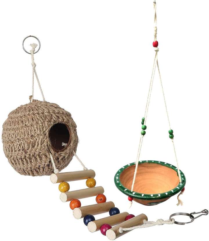 Jainsons Pet Products Birds Water Feeder Hanging Bowl and Ladder Nest for Home Balcony and Garden Natural Earthenware Water Feeding Bowl for Birds Combo Pack of 2 Common Bird Feeder Price in India Buy...