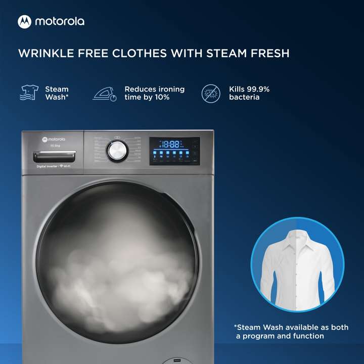 MOTOROLA 10.5 kg Smart Wi Fi Enabled Enabled Steam Wash Inverter Technology Fully Automatic Front Load Washing Machine with In built Heater Grey Price in India Buy MOTOROLA 10.5 kg Smart Wi Fi Enabled