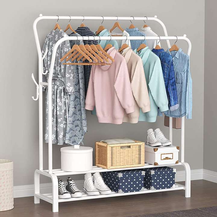 lukzer Lukzer Multipurpose Metal Garment Rack Heavy Duty Clothes Rail Double Pole Garment Stand with 2 Bottom Shelves Side Hook Hanging Handbag Umbrella for Bedroom Living Room White Iron Wall Shelf