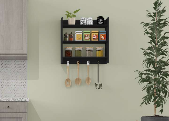 Furnifry Multipurpose Wooden Prelam Kitchen Wall Shelf with Hooks Wall Mounted Shelves for Kitchen Wall Shelf Kitchen Storage Shelf Kitchen Shelf for Home Kitchen Wall Rack Rack Shelf 60x60x14 Black W...