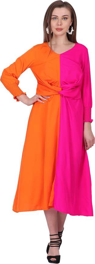 Sahagarment Women A line Orange Pink Dress Buy Sahagarment Women A line Orange Pink Dress Online at Best Prices in India Flipkart