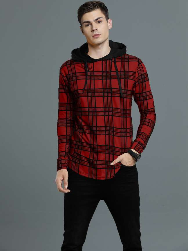 Red and black check hooded shirt outlet