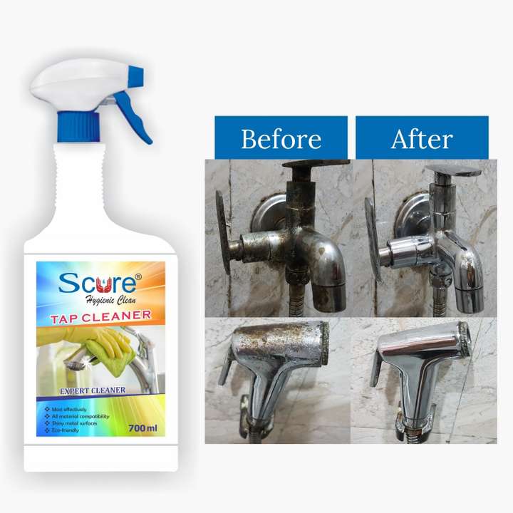 Scure Tap Cleaner Liquid Spray 700 ml Removes 100 germs Cleans Tap Shower Power and Shine Booster Hard water stain Remover Removes Hard Watermarks Dissolves Limescale