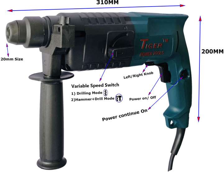 Inditrust 6 MONTHS WARRANTY 100 Copper Winding Left Right Rotation Tiger TGP 220 20mm rotary hammer machine with 3 hammer bits and carrying box