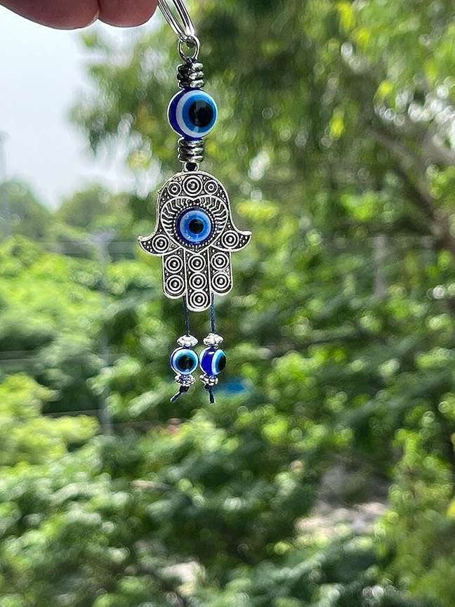 BLUE BEADS Silver Color Blue Evil Eye With Fatima Hamsa Hand Keychain Key Chain Price in India Buy BLUE BEADS Silver Color Blue Evil Eye With Fatima Hamsa Hand Keychain Key