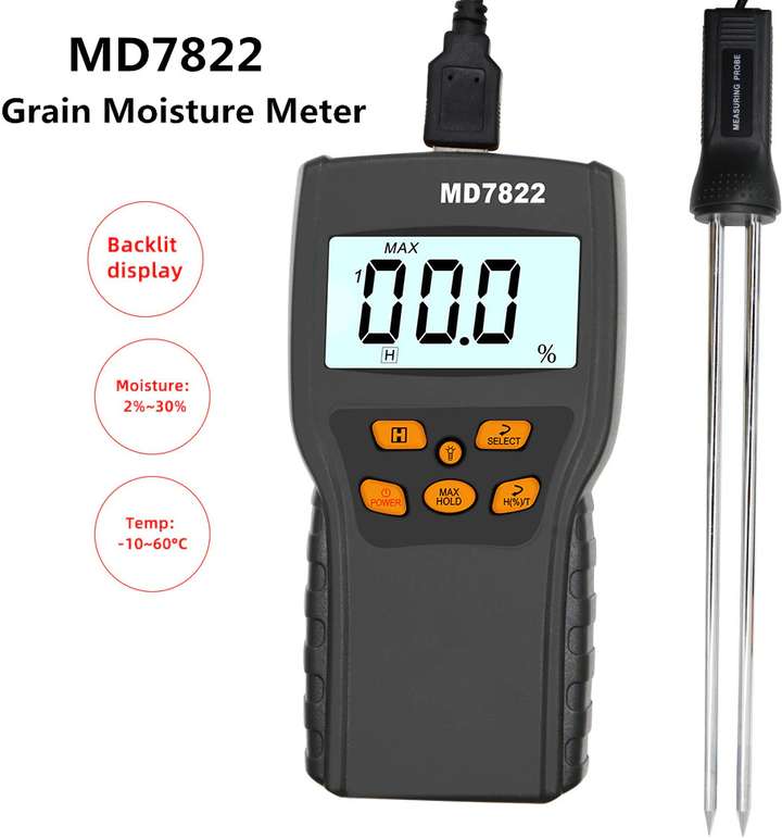 ACU CHECK Moisture Meter Tester Digital Grain Moisture Meter For Wheat For Maize Paddy MD7822 Grain Moisture Meter For Wheat Rice Corn Food Paddy Humidity Tester Pin Type Digital Moisture Measurer Pri...