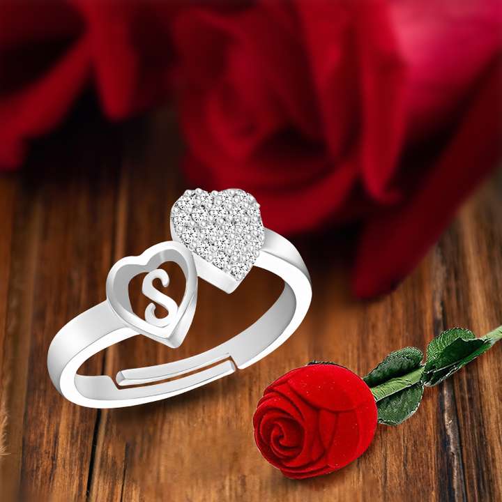 MEENAZ Silver rings for girls women lovers rose S letter alphabet heart valentine AD Brass Copper Crystal Stone Alloy Metal Cubic Zirconia Diamond Zircon Crystal Platinum Rhodium Gold Plated Ring Set ...