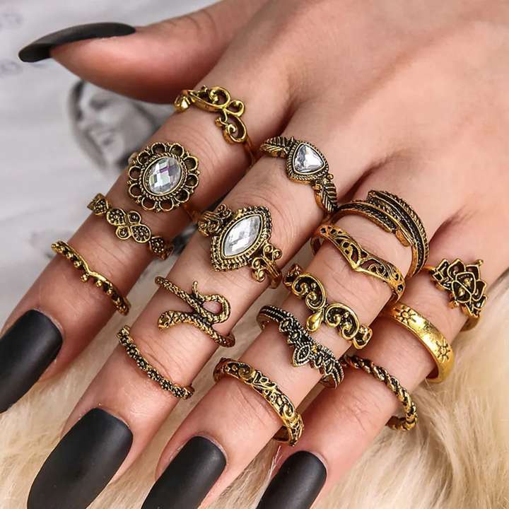 Thrillz Ring For Girls Golden CZ Multi Deisgns Boho Finger Ring For Women Ring Set Alloy Gold Plated Ring Set Price in India Buy Thrillz Ring For Girls Golden CZ Multi