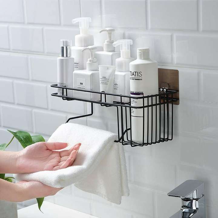 AKHAND SALES Rustproof Metal Bathroom Shower Caddy Bathroom Shelf Wall Hanging Storage Organizer Kitchen Rack Self with Shampoo Soap Holder and Towel Rack Hanger with Adhesive 2 Hook pad Steel Wall Sh...