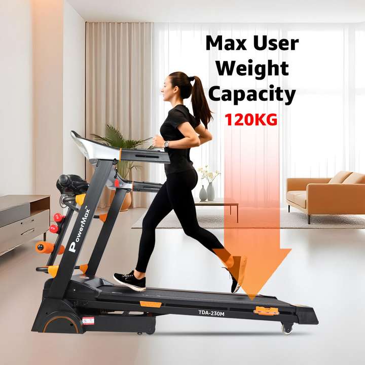 Powermax Fitness TDA 230M 2.0 HP Semi Auto Lubrication Motorized Treadmill with Massager Dumbbells Sit up Twister Treadmill Buy Powermax Fitness TDA 230M 2.0 HP Semi Auto Lubrication Motorized Treadmi...