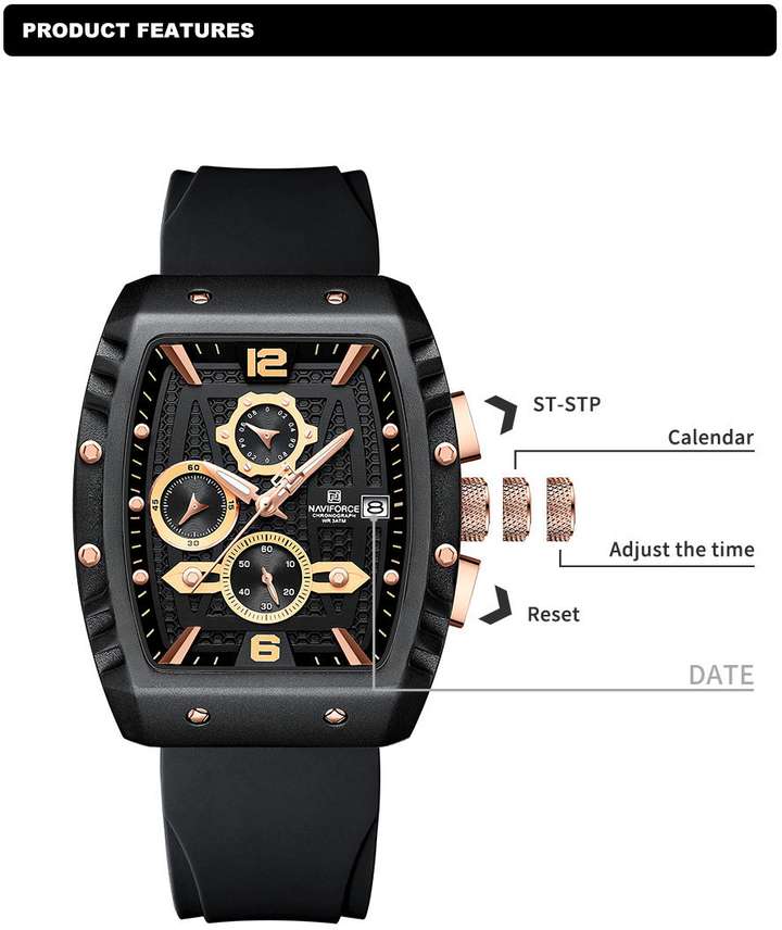 NAVIFORCE 8025 rose gold and black chronograph dial with soft stylish silicon strap waterproof Analog Watch For Men Buy NAVIFORCE 8025 rose gold and black chronograph dial with soft stylish