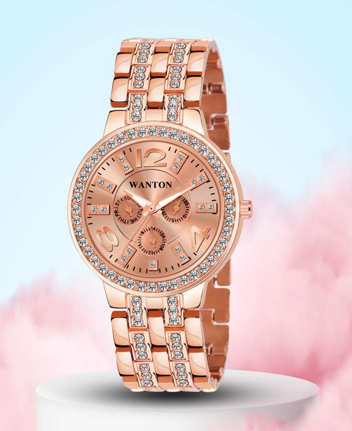 WANTON Rose gold chrno Rosegold colored diamond studded strap Chronograph pattern watch for women Analog Watch For Girls Buy WANTON Rose gold chrno Rosegold colored diamond studded strap Chronograph p...