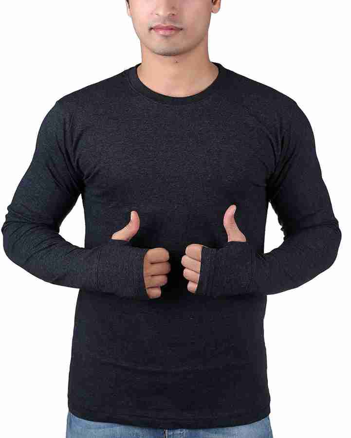 FINGERS Solid Men Round Neck Black T-Shirt - Buy Black