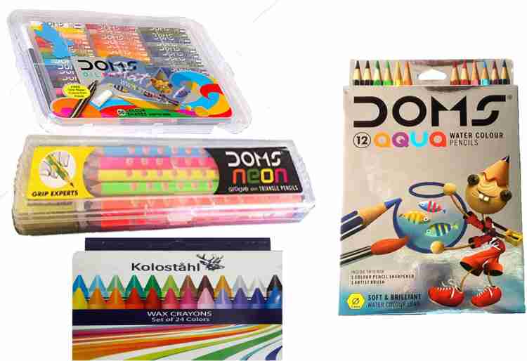 DOMS OIL PASTEL ( 50 SHADE ) + 12 AQUA WATER COLOUR PENCIL + NEON GROOVE  SLIM TRIANGLE PENCIL + KOLOSTAHL 24 WAX CRAYONS - ART SET 