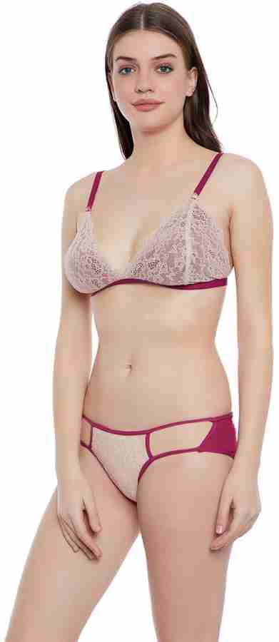 Buy Non-Padded Non-Wired Demi Cup Plunge Bra & Low Waist Bikini Panty in  Dusty Pink - Lace Online India, Best Prices, COD - Clovia - BP1477Q22