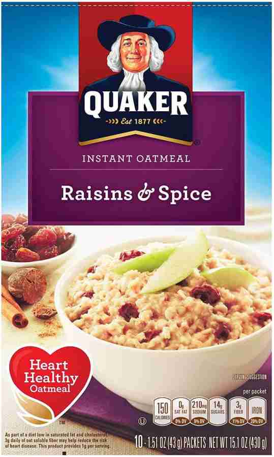 Quaker Instant Oatmeal, Raisin & Spice Breakfast Cereal, 10 Packets - 430g  (15.1oz) Box Price in India - Buy Quaker Instant Oatmeal, Raisin & Spice  Breakfast Cereal, 10 Packets - 430g (15.1oz) Box online at