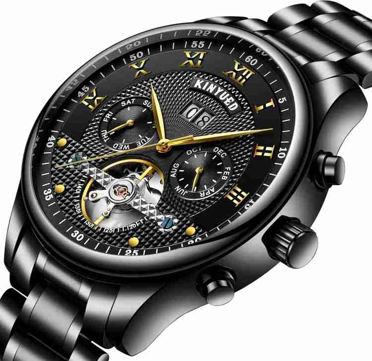 KINYUED KINYUED JYD0501 Men Business Luxury Automatic Mechanical Chronograph 3ATM Water resistant Genuine Golden Black dotted dial Stainless Steel black Strap Wristwatch Analog Watch For Men Buy KINYU...