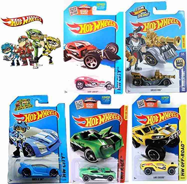AYB Products Epic Race Team Hot Wheels 5 Car Set with Grease Rod Treasure Hunt Surf Crate Red Quick N Sik Blue Land Crusher Yellow Tw Epic